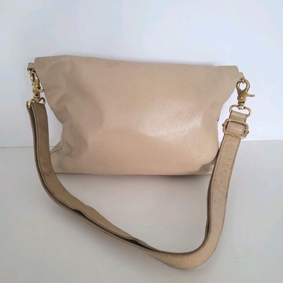 Tory Burch Geniue Leather Tan Beige Foldover Flap Shoulder Bag Purse Medium Fair - Picture 2 of 11